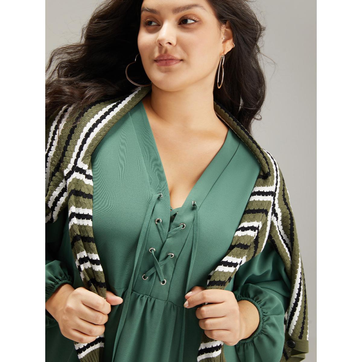 Plus Size Plain Lace Up Split Hem Lantern Sleeve Dress Mint Women Casual Elastic cuffs Tie Neck Long Sleeve Curvy Midi Dress BloomChic 30/6X Product Image