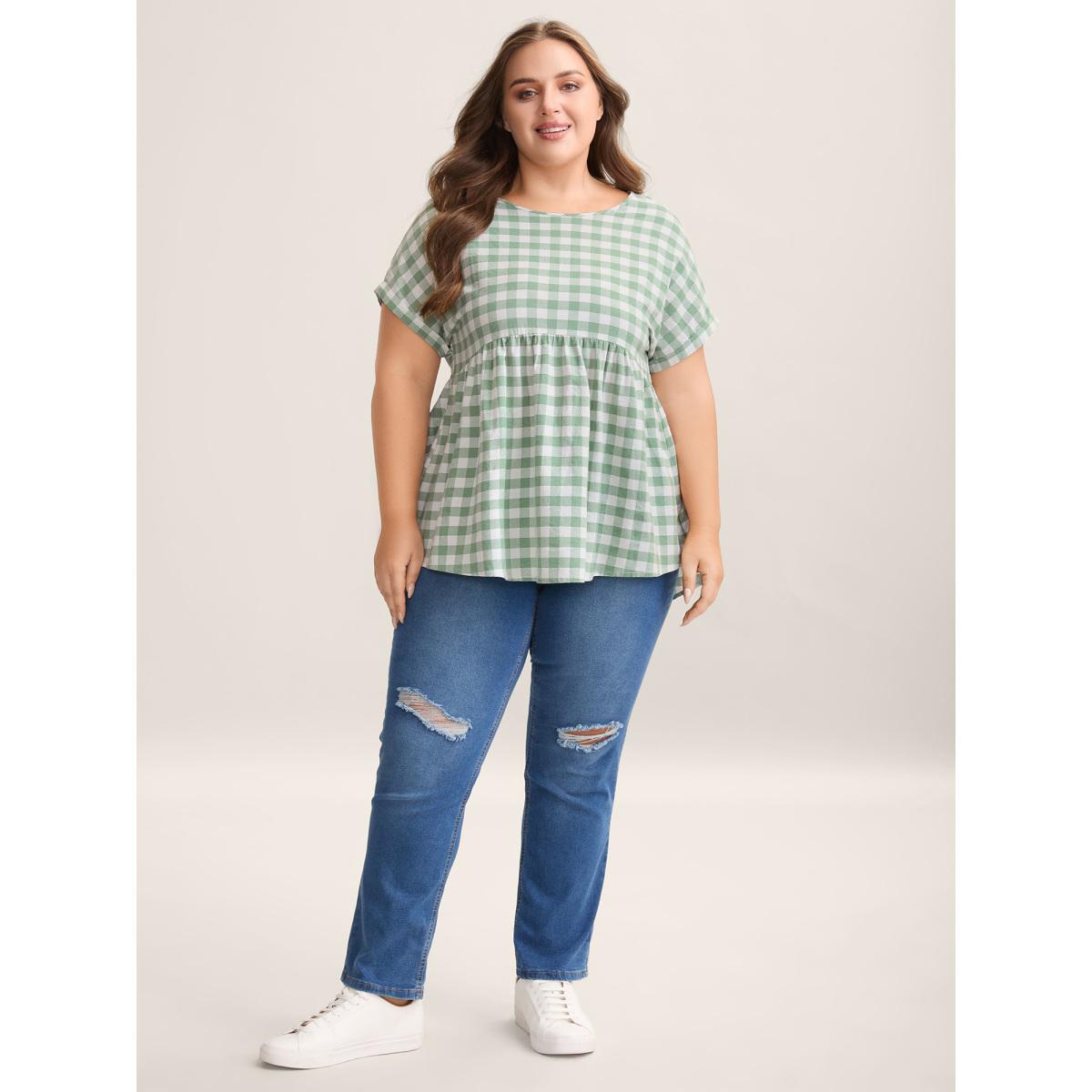 Plus Size Sage Plaid Pattern Waist-Cinched Blouse Women Casual Short sleeve Round Neck Everyday-Casual Blouses BloomChic 18-20/2X Product Image