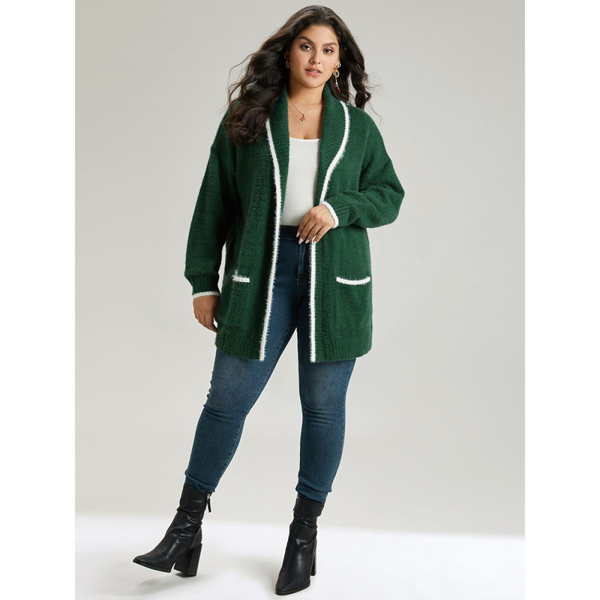 Plus Size Contrast Trim Fuzzy Patched Pocket Cardigan DarkGreen Women Casual Loose Long Sleeve Festival-Christmas Cardigans BloomChic 28/5X Product Image