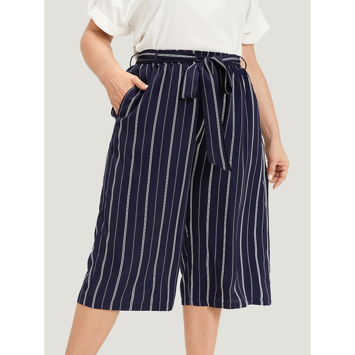 Plus Size Striped Belted Pocket High Rise Cropped Pants Women Indigo Office Straight Leg High Rise Office Pants BloomChic 14-16/1X Product Image