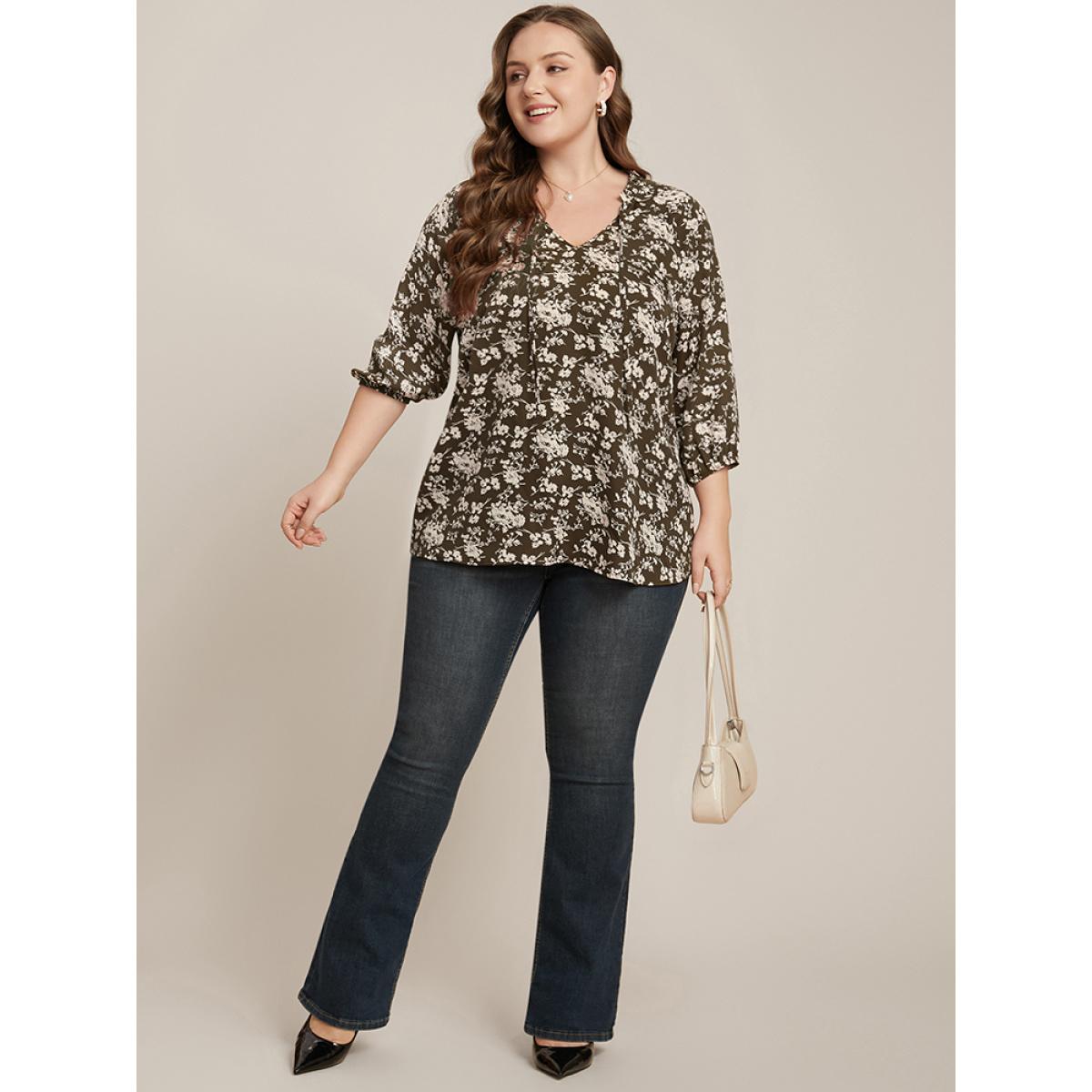 Plus Size DarkBrown Floral Print Lantern Sleeve Tie V Neck Blouse Women Elegant Elbow-length sleeve V-neck Dailywear Blouses BloomChic 14-16/1X Product Image