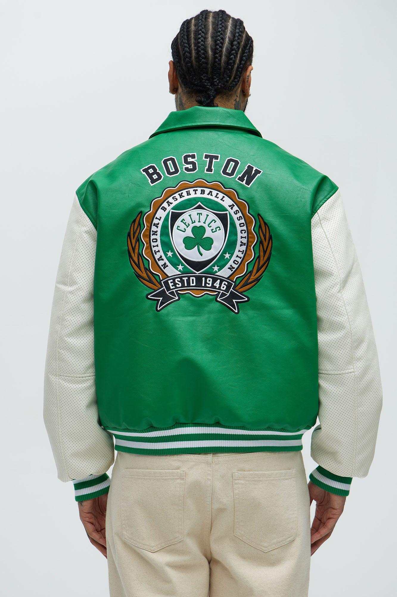 Celtics Top Dawg Faux Leather Collared Varsity Jacket - Kelly Green Product Image