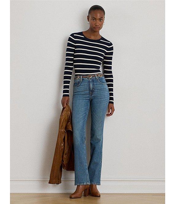 Lauren Ralph Lauren Ribbed Knit Striped Round Neck Long Sleeve Top Product Image