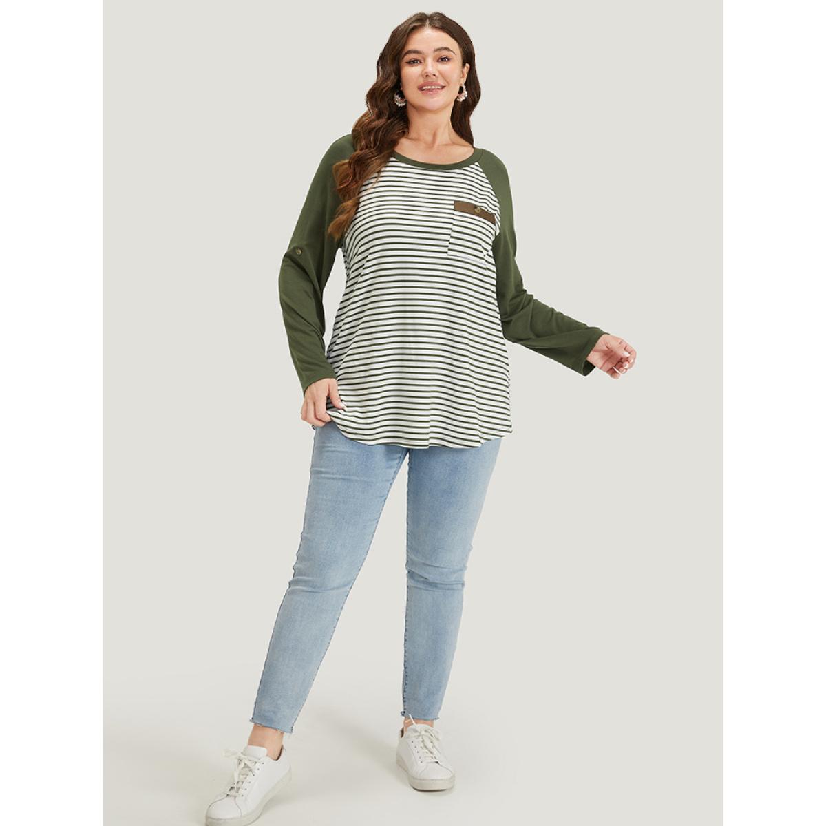 Plus Size Striped Patchwork Patched Pocket Raglan Sleeve T-shirt ArmyGreen Women Casual Contrast Striped Round Neck Dailywear T-shirts BloomChic 10/M Product Image