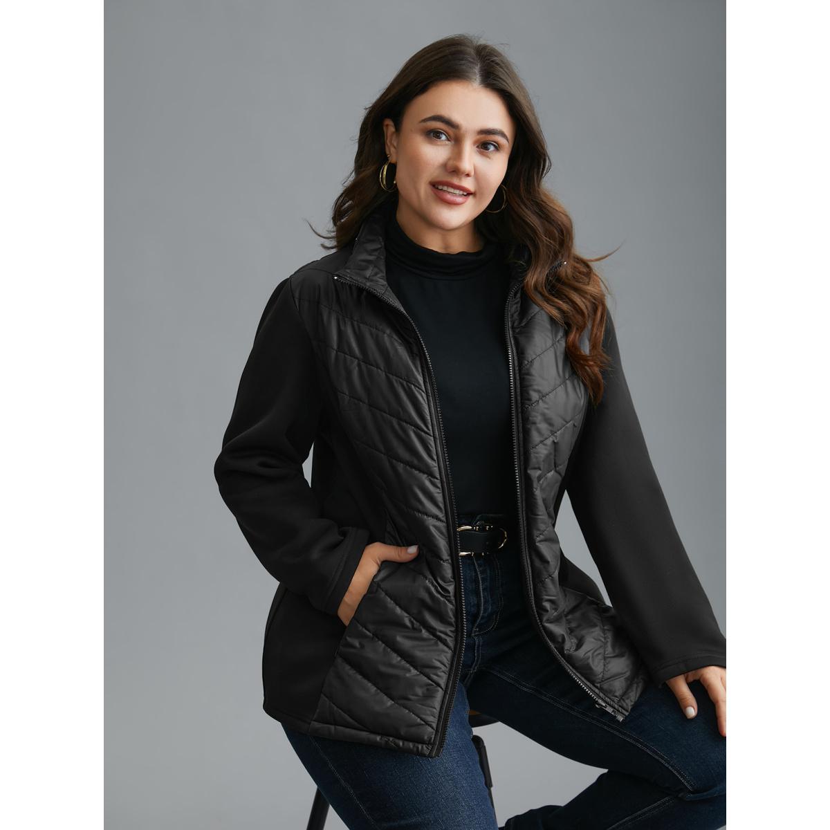 Plus Size Funnel Neck Contrasting Design Zipper Coat Women Black Casual Topstitching Ladies Everyday Winter Coats BloomChic 10/M Product Image