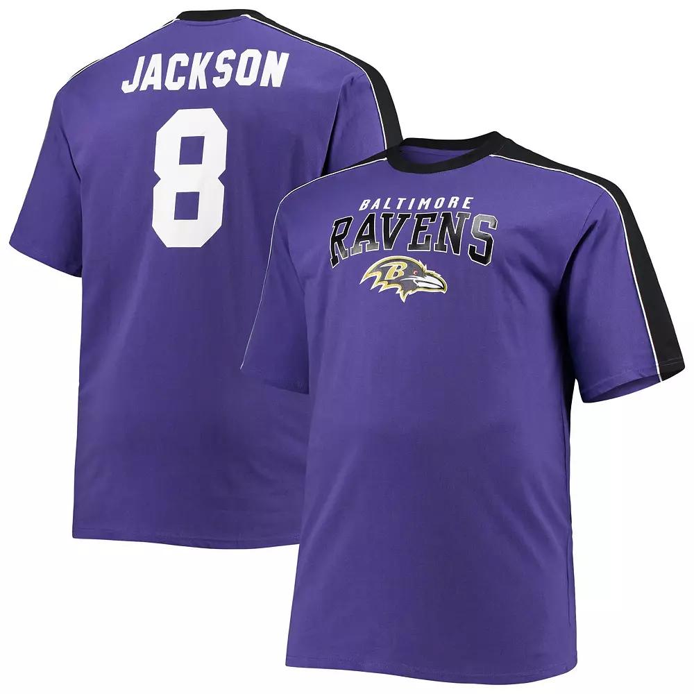 Men's Fanatics Branded Lamar Jackson Purple Baltimore Ravens Big & Tall Sleeve Panel Player Name & Number T-Shirt, Size: 2XLT Product Image