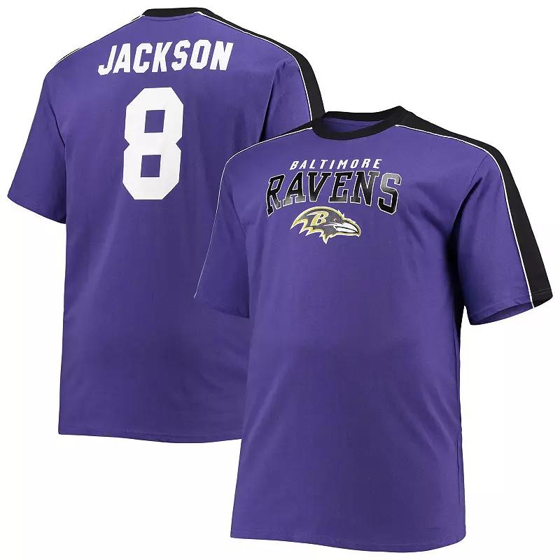 Men's Fanatics Branded Lamar Jackson Purple Baltimore Ravens Big & Tall Sleeve Panel Player Name & Number T-Shirt, Size: 2XLT Product Image
