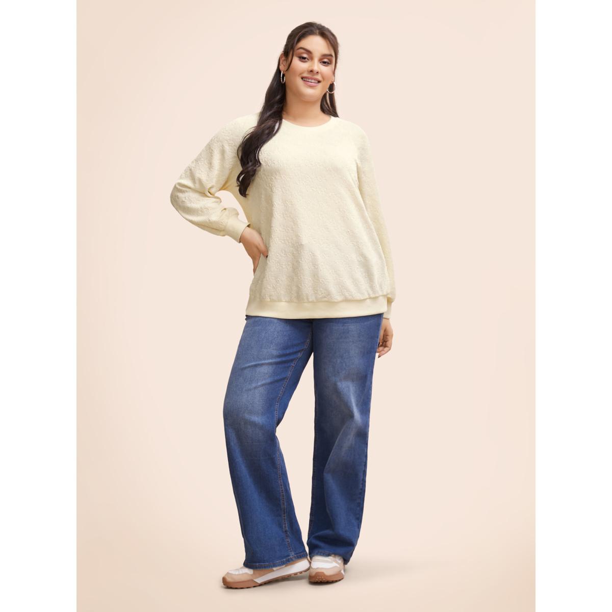 Plus Size Crew Neck Plain Textured Raglan Sleeve Sweatshirt Women Beige Elegant Texture Round Neck Everyday Sweatshirts BloomChic 22-24/3X Product Image