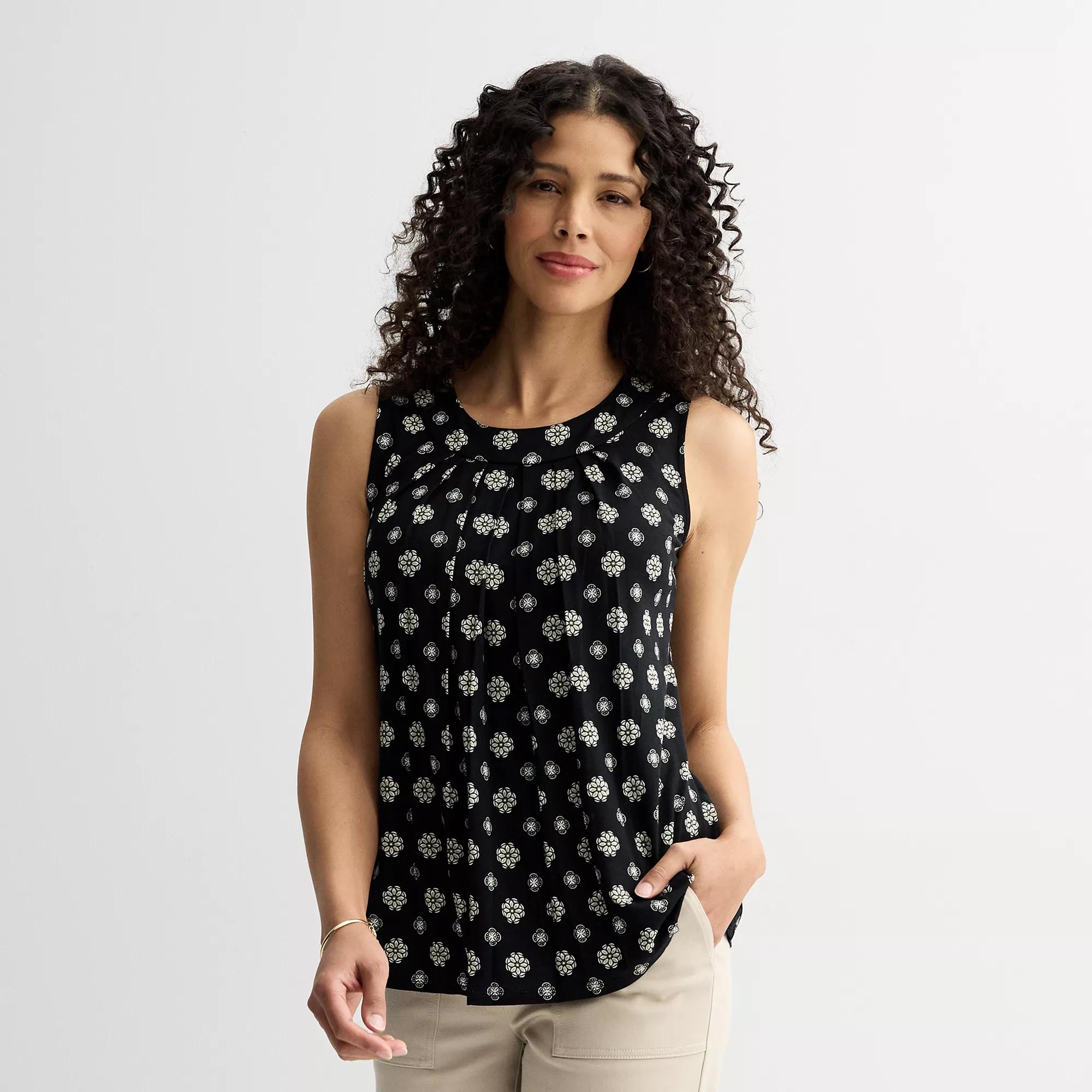 Petite Croft & Barrow® Pleated Tank Top, Women's, Size: XL Petite, Black Mini Geo Product Image