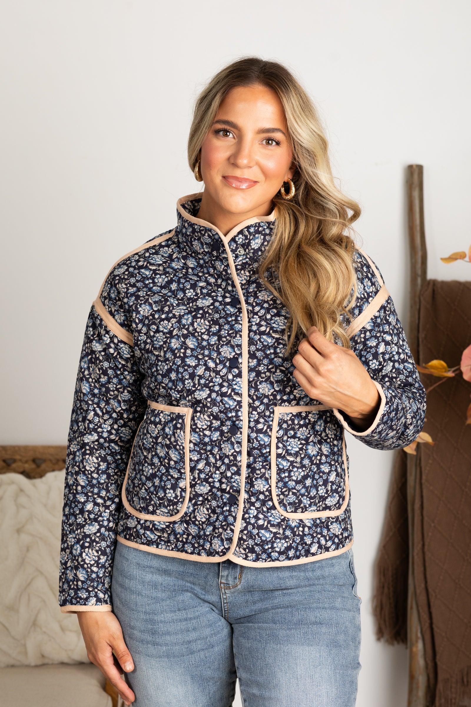Navy Ditsy Floral Quilted Jacket Product Image