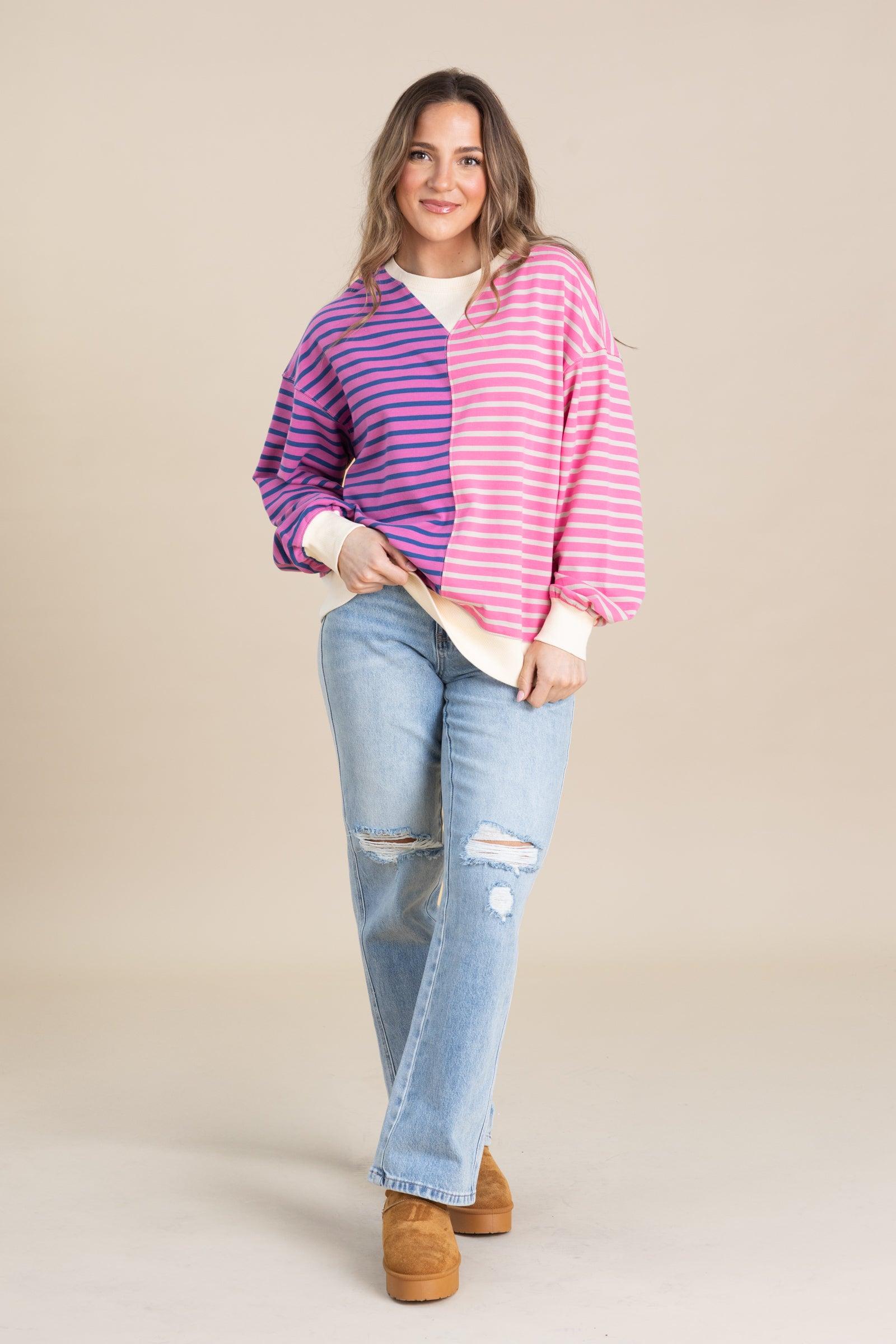 Pink And Orchid Stripe Colorblock Knit Top Product Image