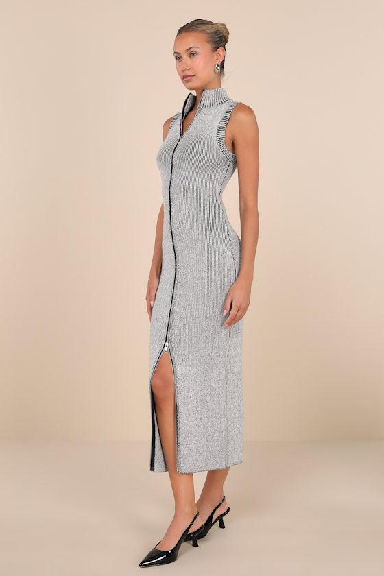 Confident Moves Light Grey Marled Zip-Front Midi Sweater Dress Product Image