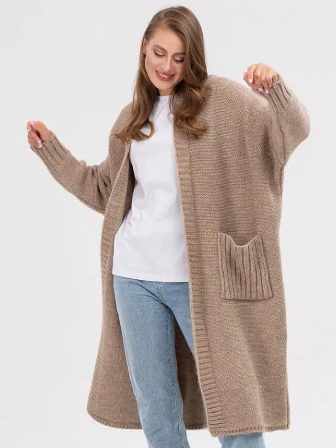 Pocketed Open Front Long Sleeve Longline Cardigan Product Image