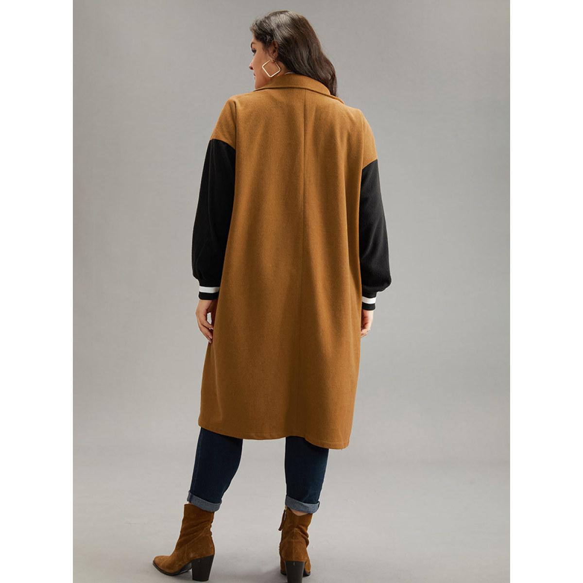 Plus Size Lapel Collar Patchwork Contrast Trim Coat Women Tan Casual Contrast Ladies Everyday Winter Coats BloomChic 30/6X Product Image