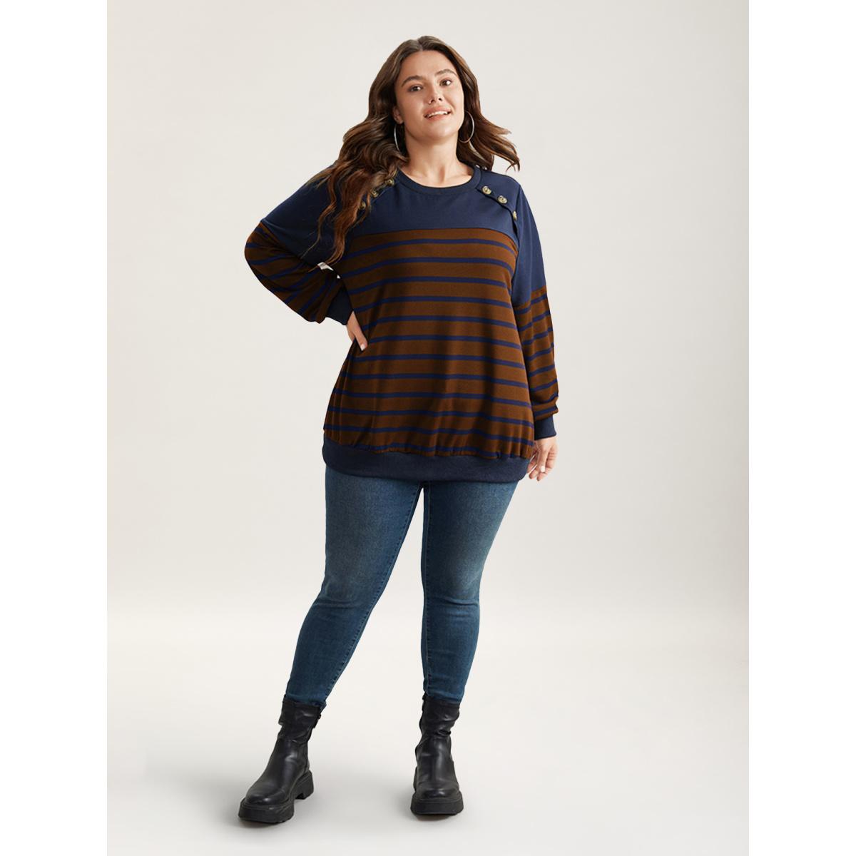 Plus Size Striped Patchwork Button Detail Sweatshirt Women Bronze Casual Non Round Neck Everyday Sweatshirts BloomChic 10/M Product Image