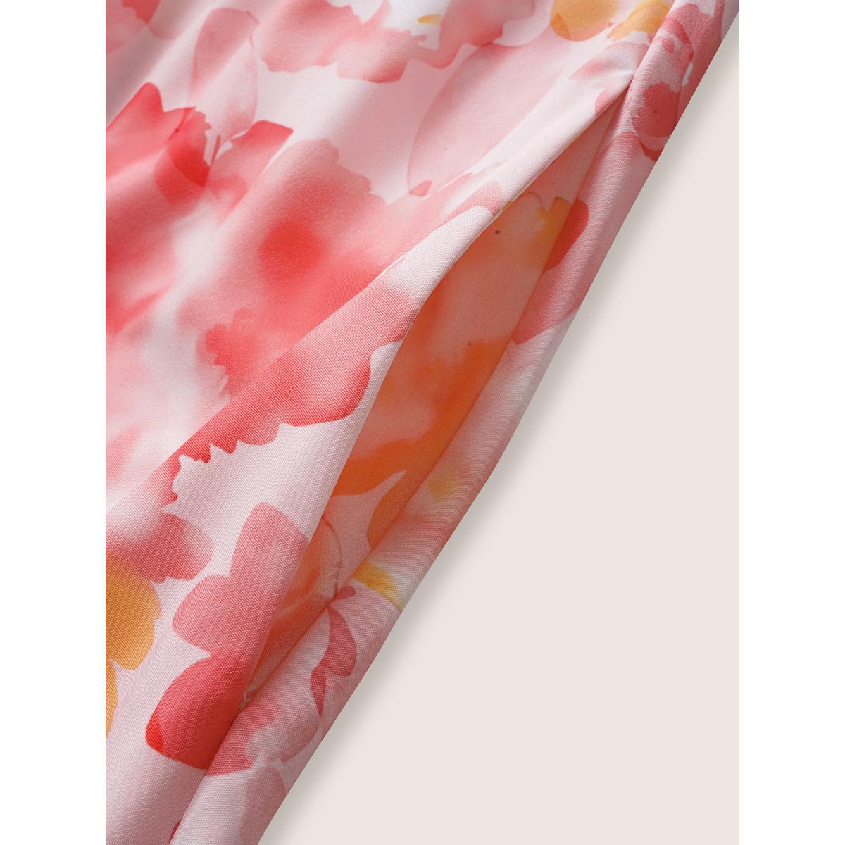 Plus Size Watercolor Floral Ruffles Asymmetrical Hem Dress Nudepink Women Elegant Belted Overlap Collar Cap Sleeve Curvy BloomChic 28/5X Product Image