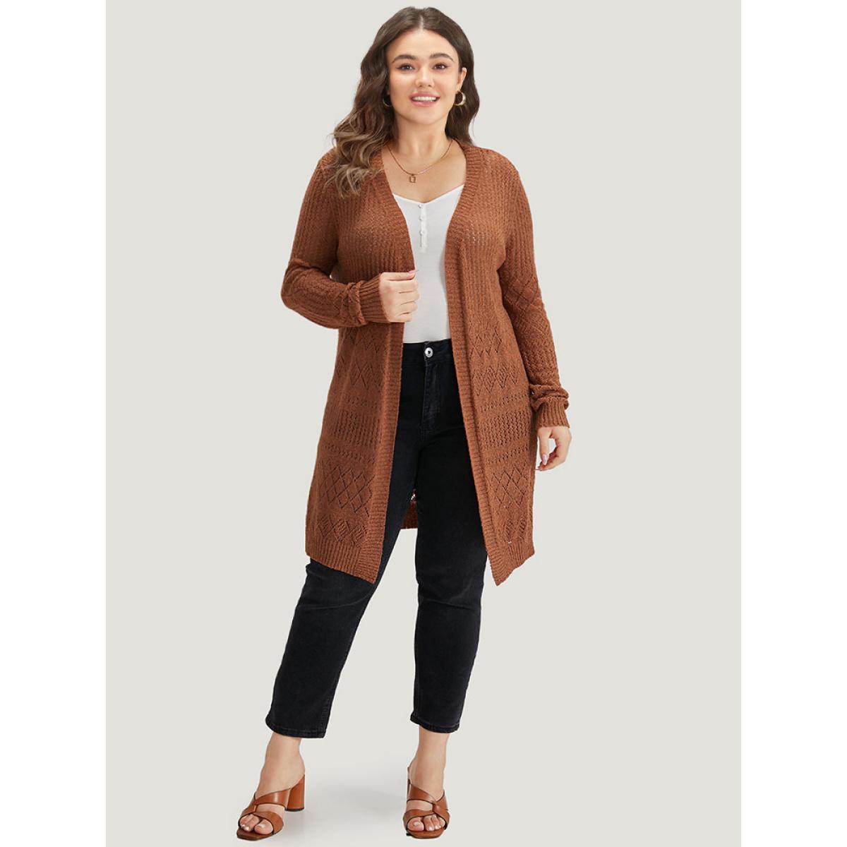 Plus Size Solid Geometric Hollow Out Open Front Cardigan Chocolate Women Casual Long Sleeve Dailywear Cardigans BloomChic 18-20/2X Product Image