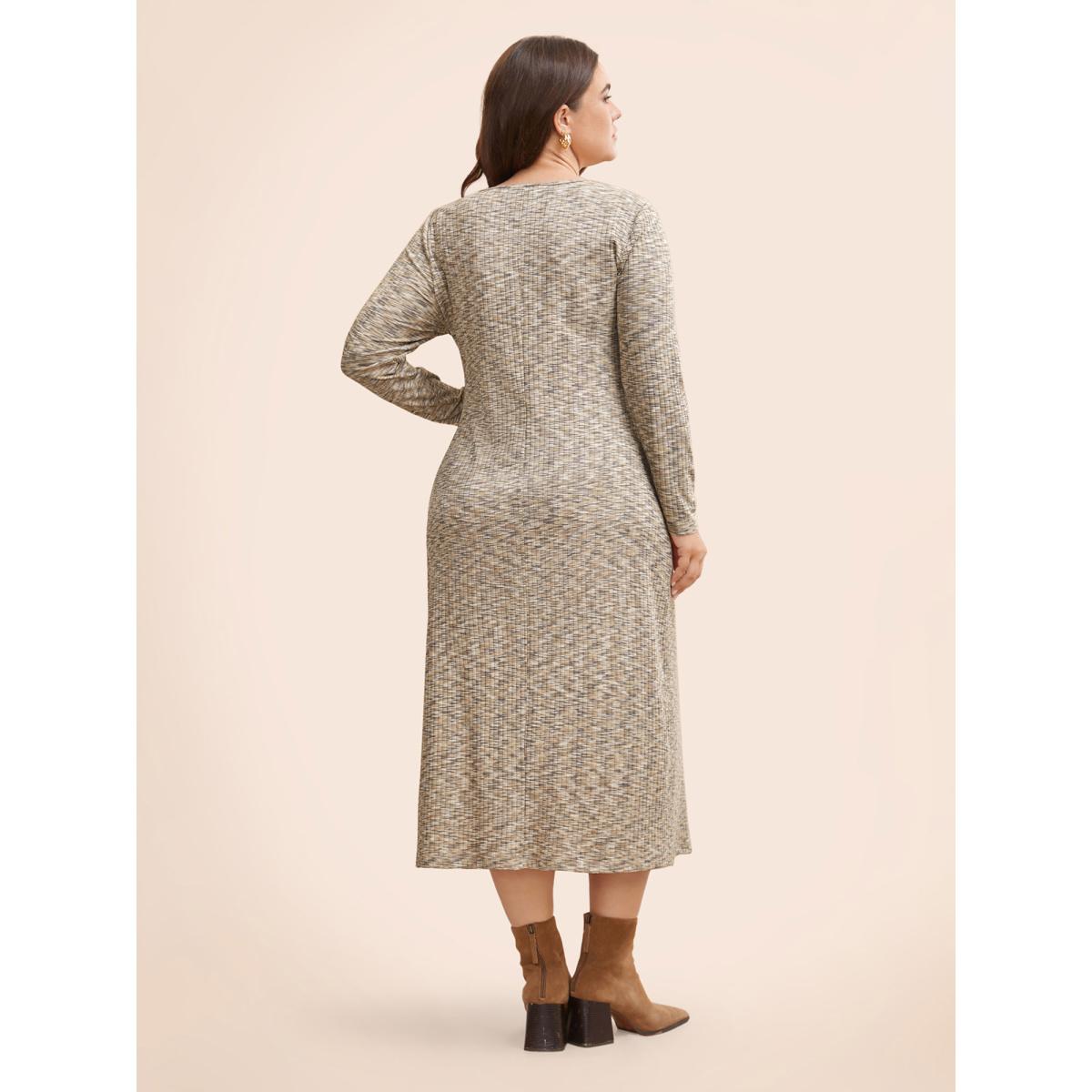 Plus Size Heather Pit Strip Cut Out Dress LightBrown Women Elegant Distressed Round Neck Extra Long Sleeve Curvy BloomChic 18-20/2X Product Image