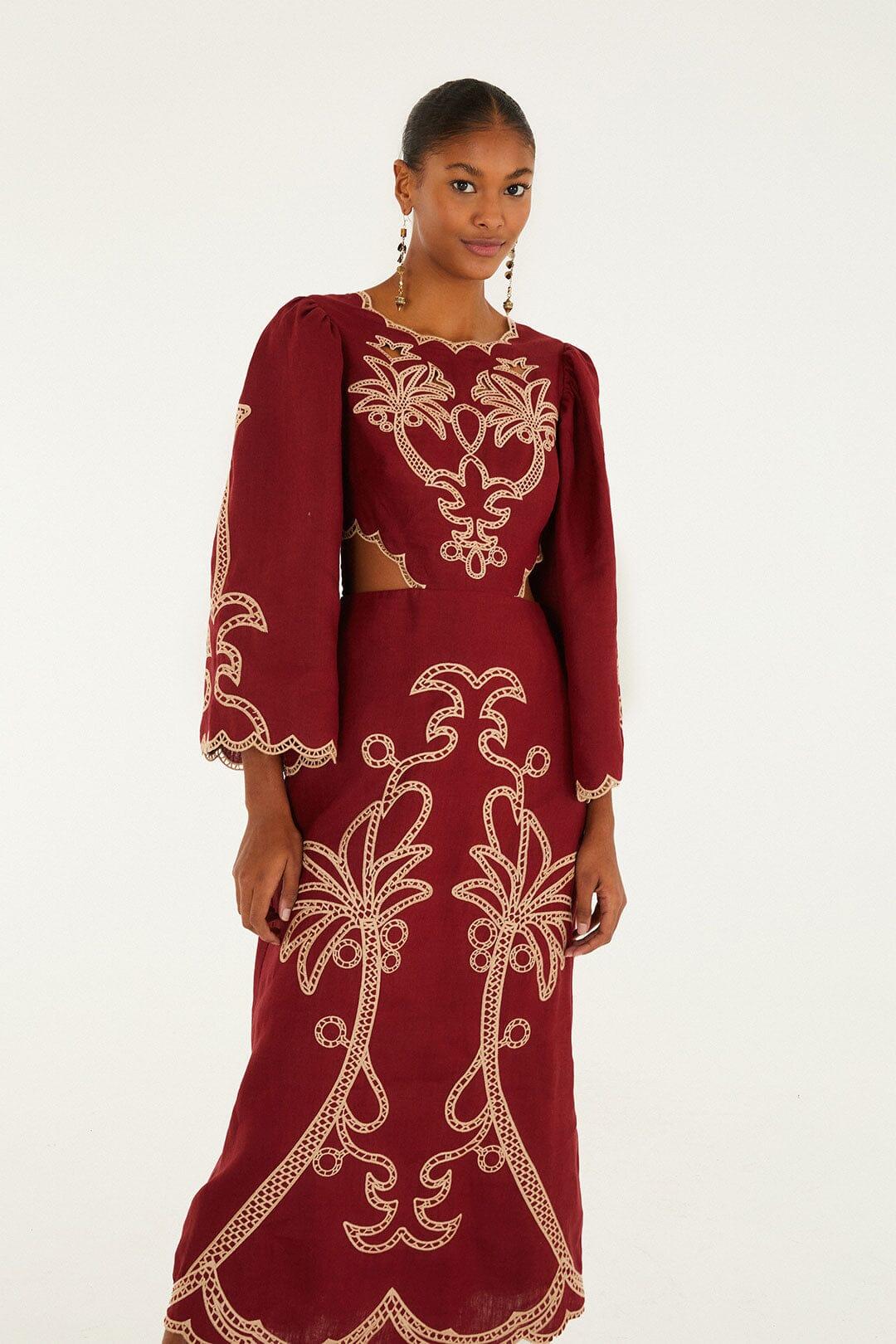 Red Artisanal Cut-Out Embroidered Euroflax™ Premium Linen Maxi Dress Product Image