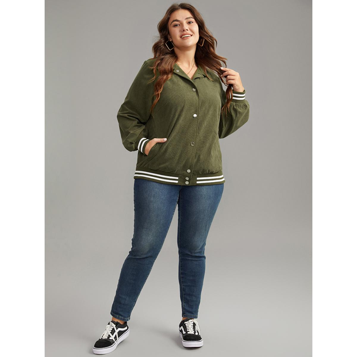 Plus Size Corduroy Striped Trim Button Up Jacket Women ArmyGreen Elastic cuffs Pocket Dailywear Jackets BloomChic 14-16/1X Product Image