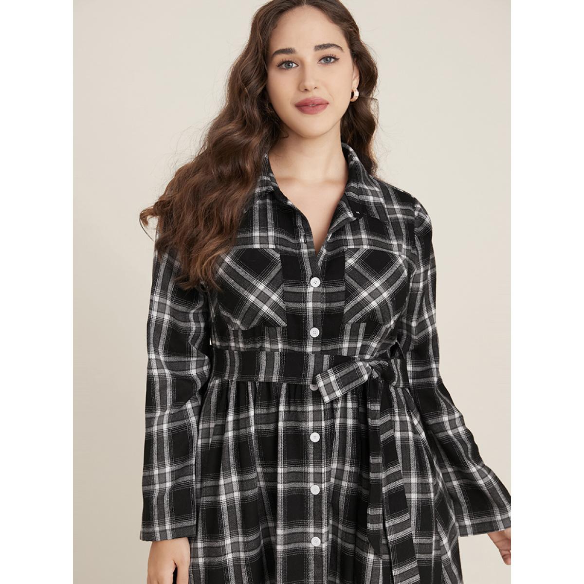 Plus Size Plaid Pocket Button Cuffed Sleeve Belted Arc Hem Dress Black Women Office Belted Shirt collar Long Sleeve Curvy Midi Dress BloomChic 30/6X Product Image