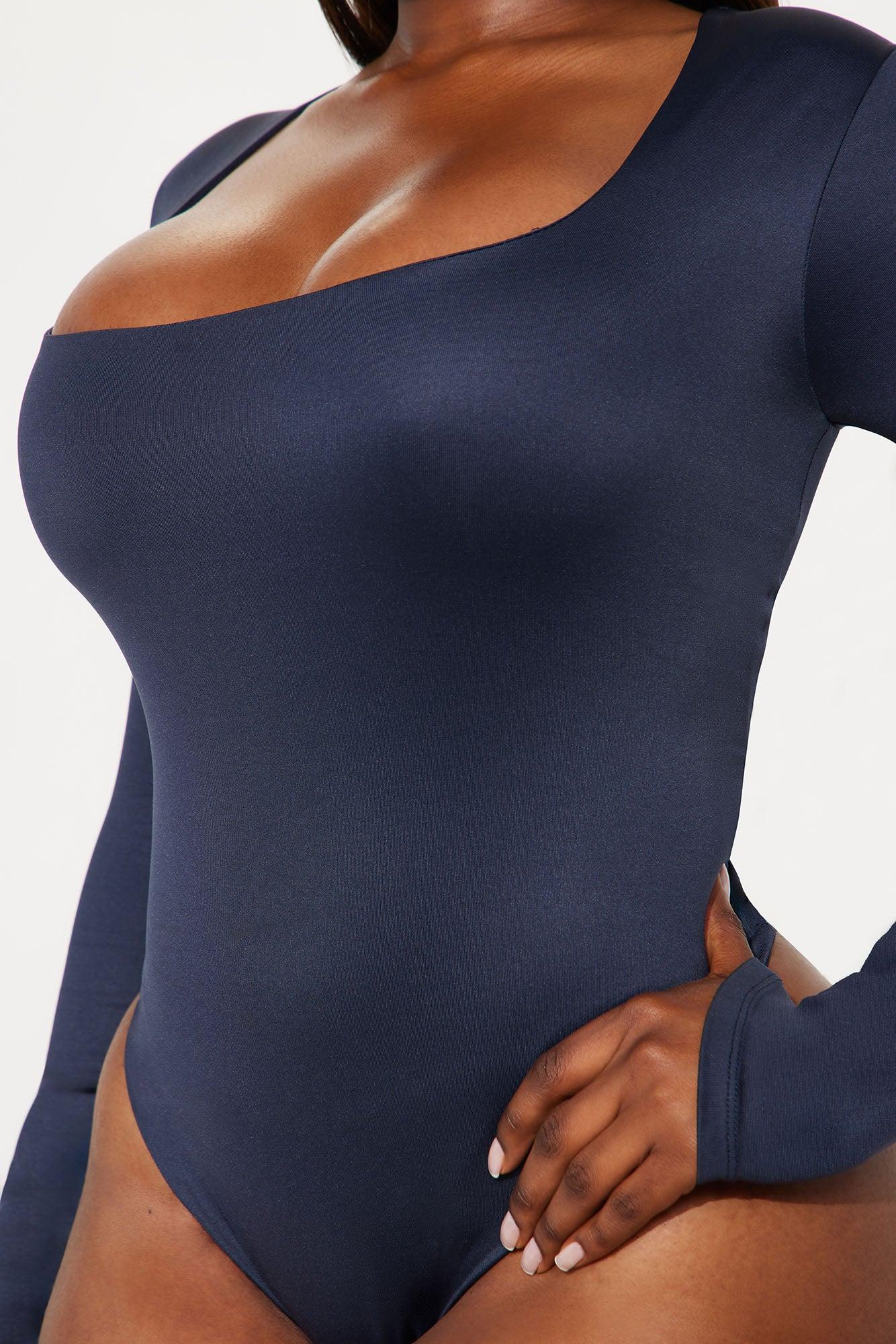 Contour Double Lined Long Sleeve Square Neck Bodysuit - Navy Female Product Image