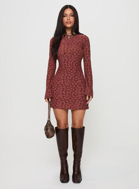 Primrosa Long Sleeve Mini Dress Burgundy Product Image