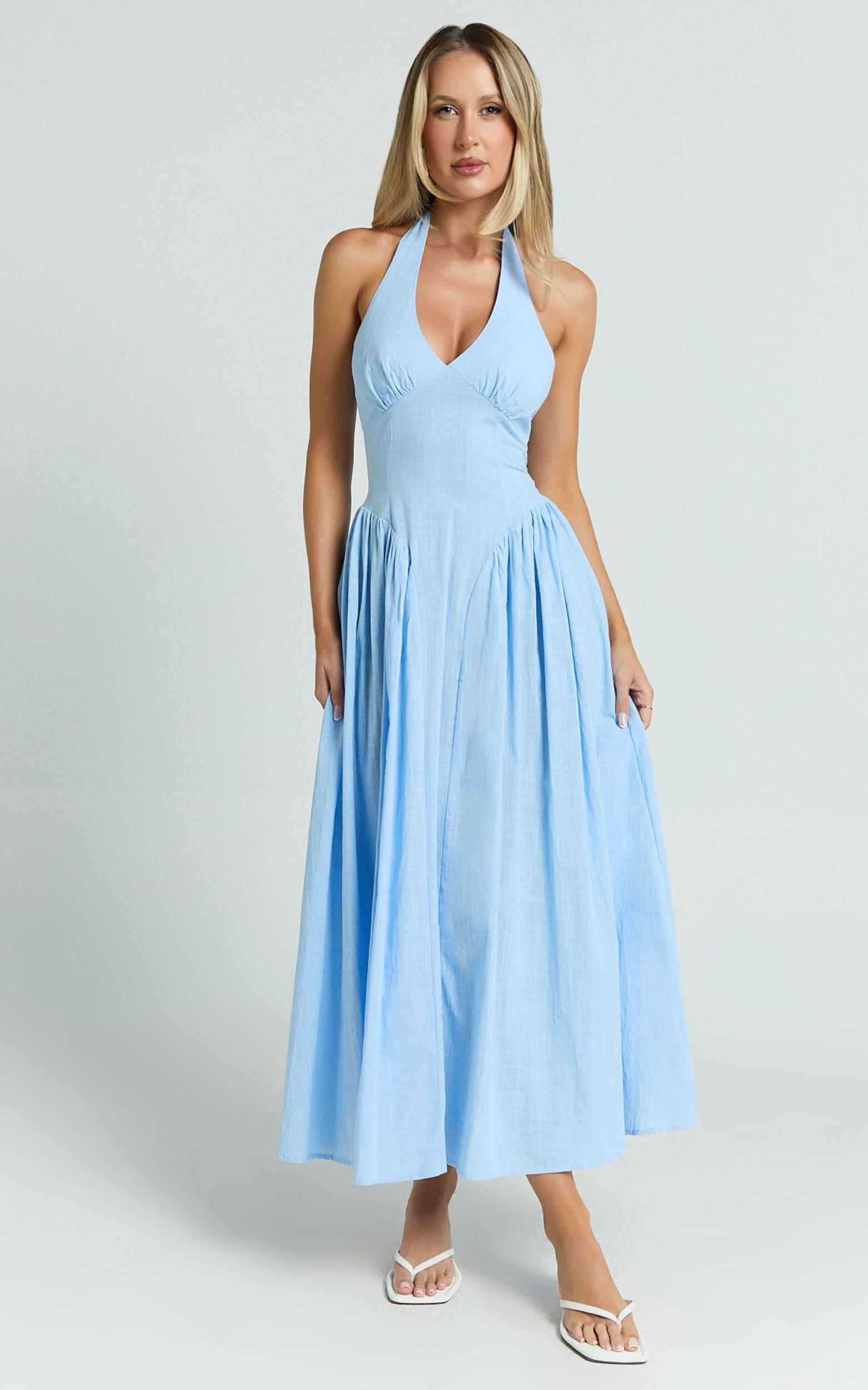 Athena Midi Dress - Halter Drop Waist Dress in Blue Product Image