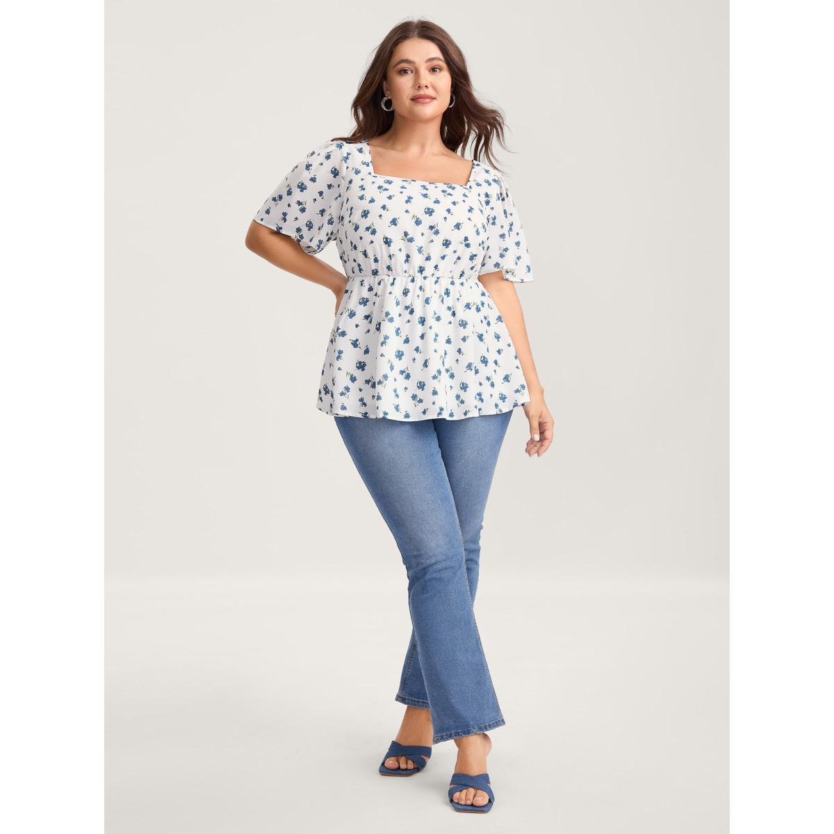 Plus Size Originalwhite Delicate Floral Print Lotus Sleeve Blouse Women Short sleeve Square Neck Everyday-Elegant Blouses BloomChic 26/4X Product Image