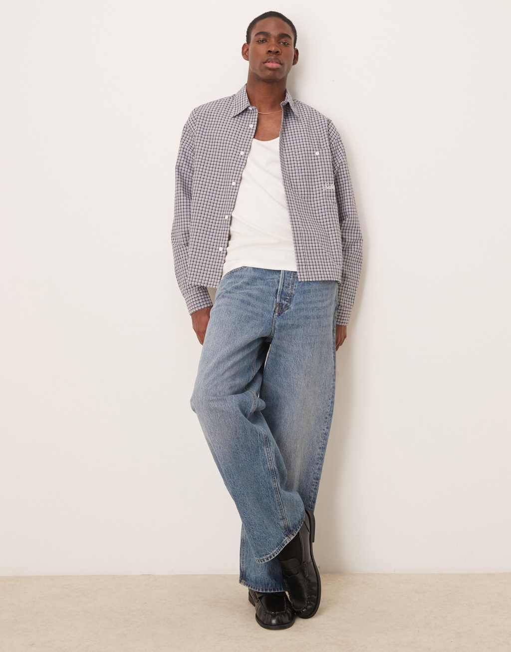 ASOS DESIGN oversized boxy shirt with embroidered pocket in gray check Product Image