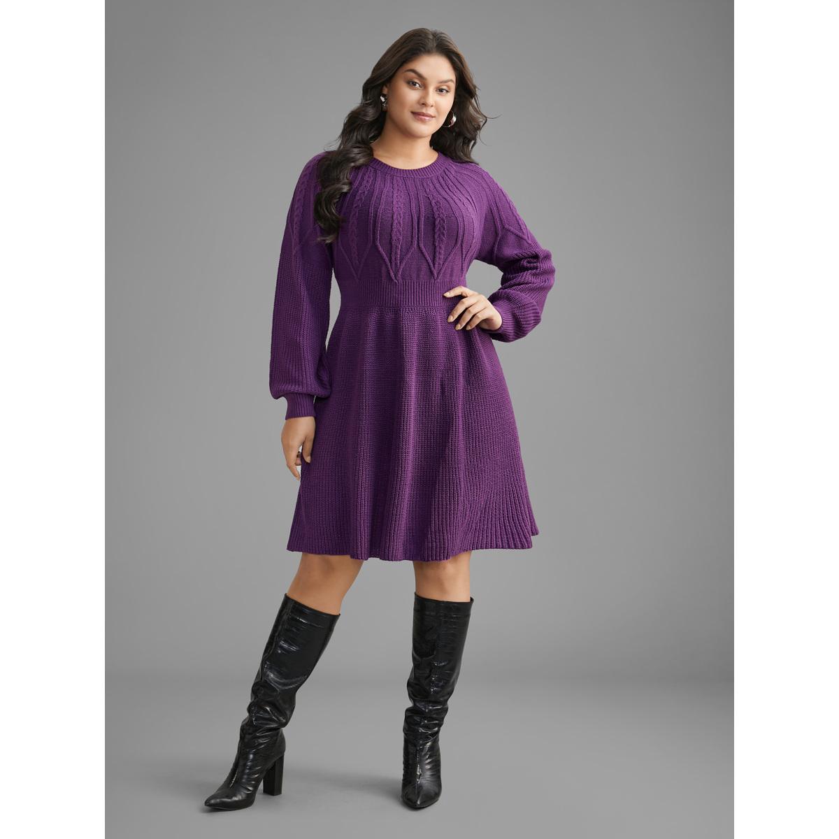 Plus Size Cable Knit Texture Raglan Sleeve Pullover DarkViolet Women Elegant Bodycon Long Sleeve Everyday Sweater Dresses BloomChic 28/5X Product Image