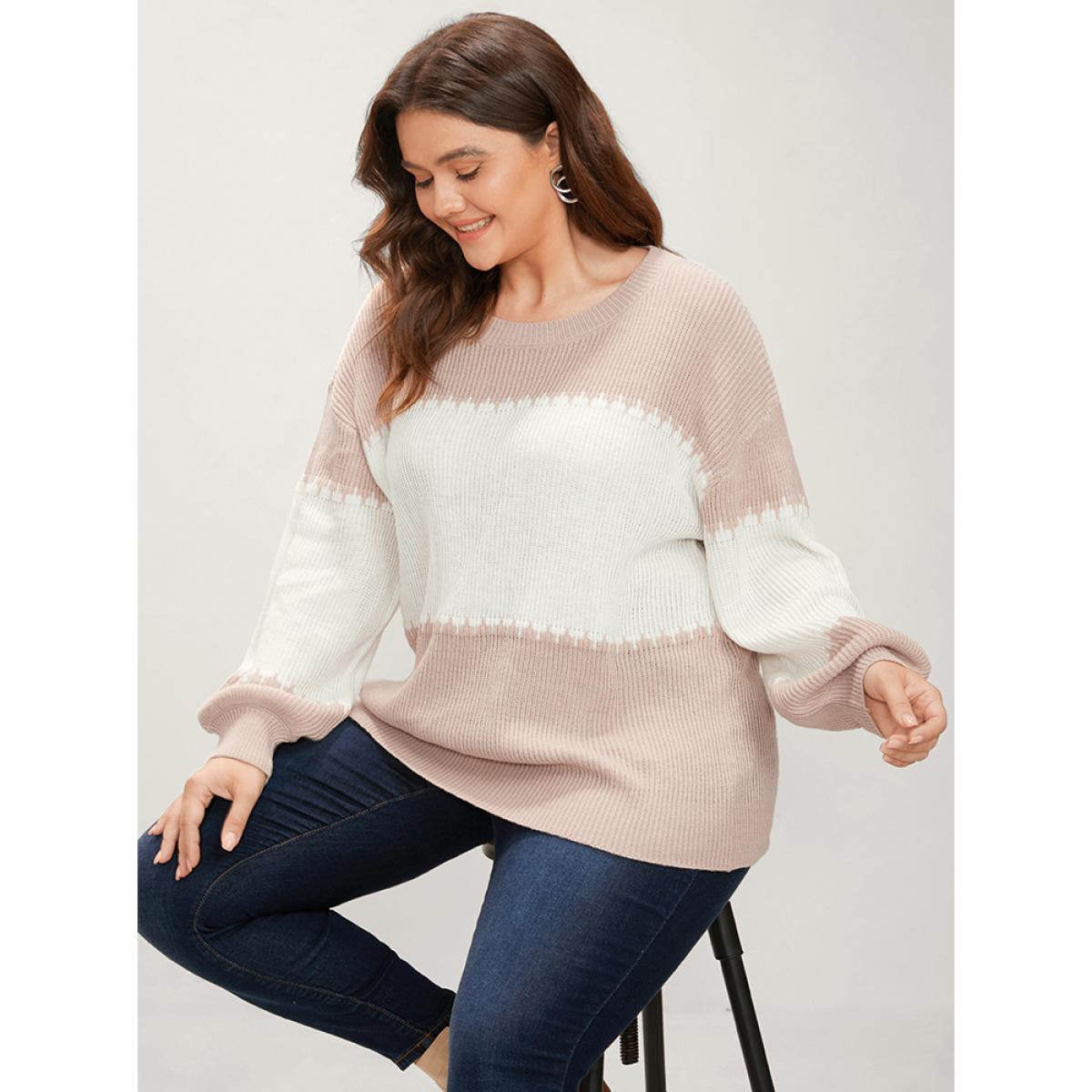 Plus Size Colorblock Contrast Pointelle Knit Lantern Sleeve Round Neck Knit Top DustyPink Women Casual Loose Long Sleeve Round Neck Dailywear Pullovers BloomChic 30/6X Product Image