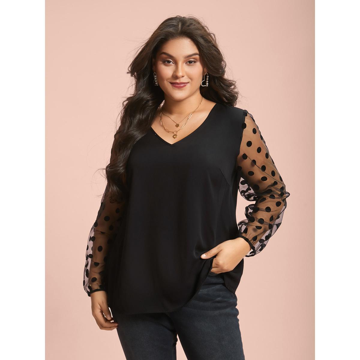 Plus Size Black Polka Dot Sheer Mesh Sleeve Spliced Blouse Women Elegant Long Sleeve Round Neck Everyday Blouses BloomChic 10/M Product Image