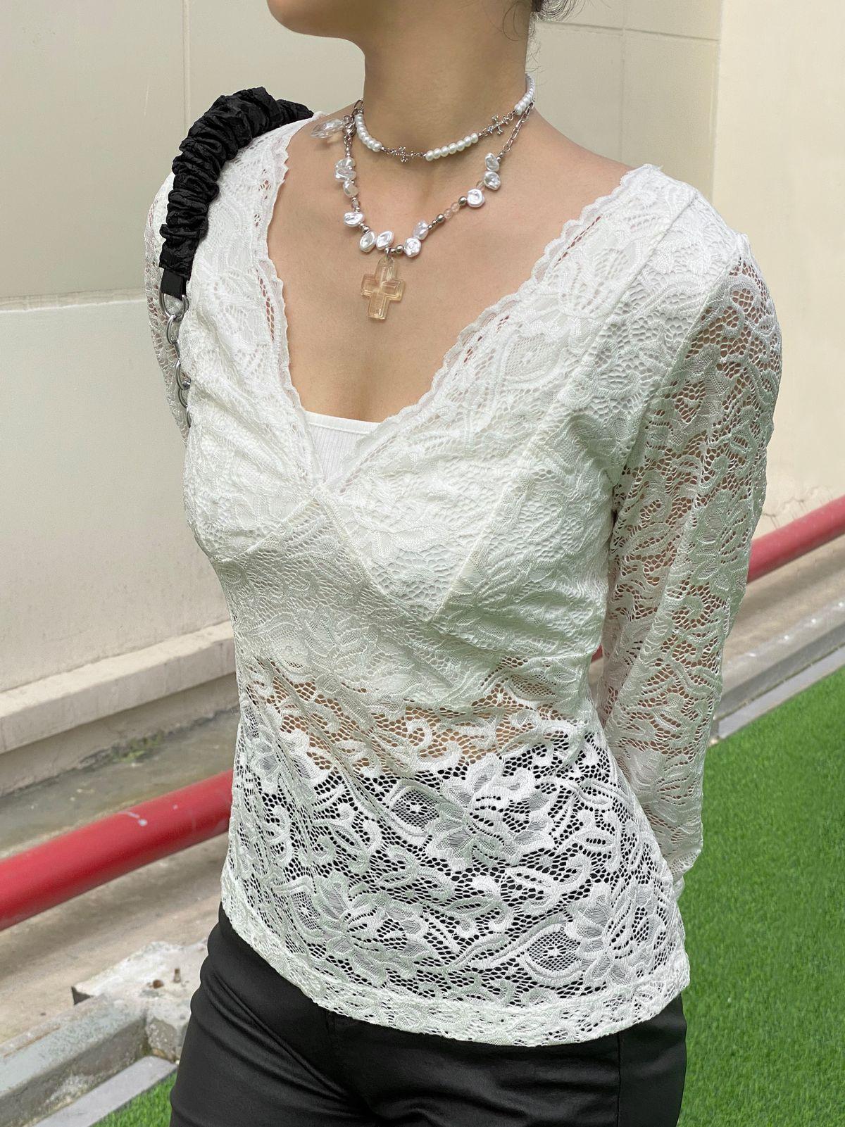 V Neck Long Sleeve Sheer Lace Blouse Product Image