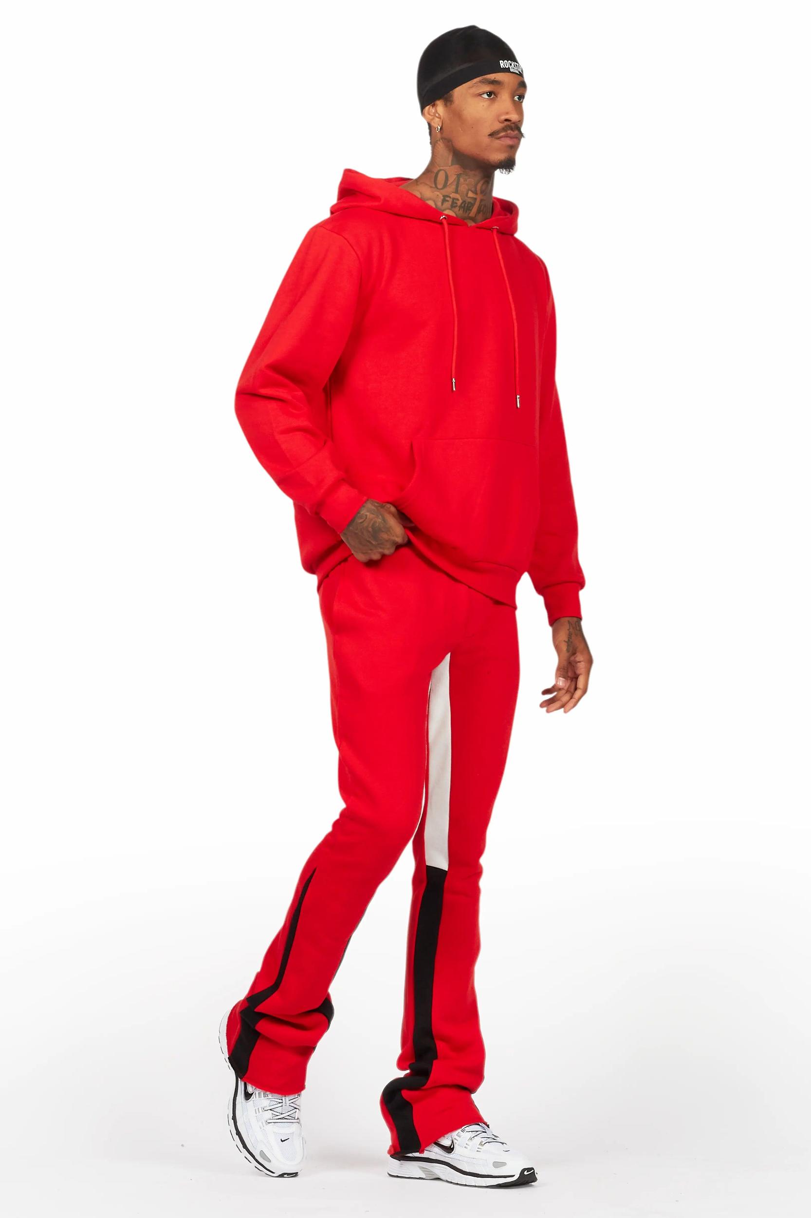 Basic Red Hoodie/Stacked Flare Track Set Male Product Image