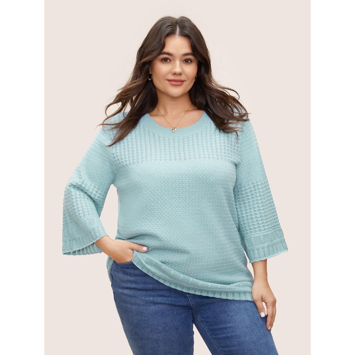 Plus Size Jacquard Hollow Out Crew Neck Bell Sleeve Pullover LightBlue Women Casual Elbow-length sleeve Round Neck Everyday Pullovers BloomChic 14-16/1X Product Image