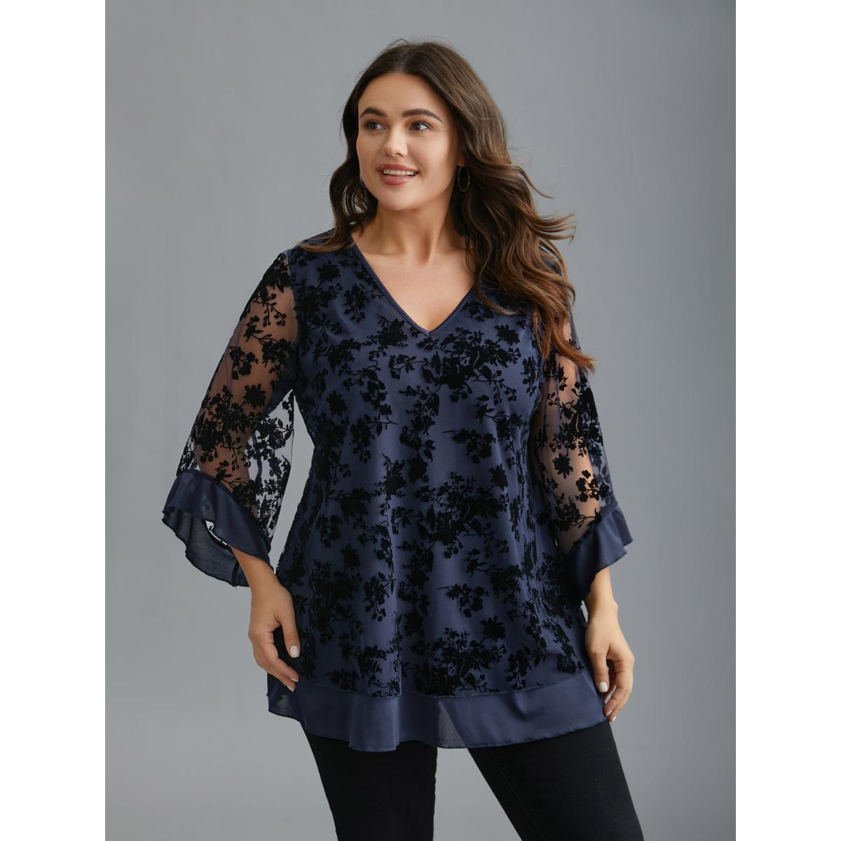 Plus Size Indigo Floral Flocking Mesh Asymmetrical Hem Blouse Women Timeless Three Quarter Length Sleeve V-neck Elegant Blouses BloomChic 10/M Product Image
