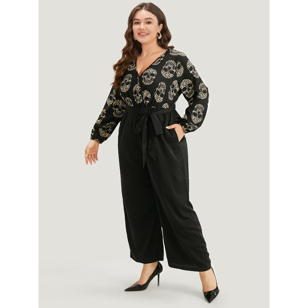 Plus Size BlackFlower Halloween Skull Print Pocket Elastic Waist Belted Jumpsuit Women Office Long Sleeve V-neck Festival-Halloween Loose Jumpsuits BloomChic 28/5X Product Image