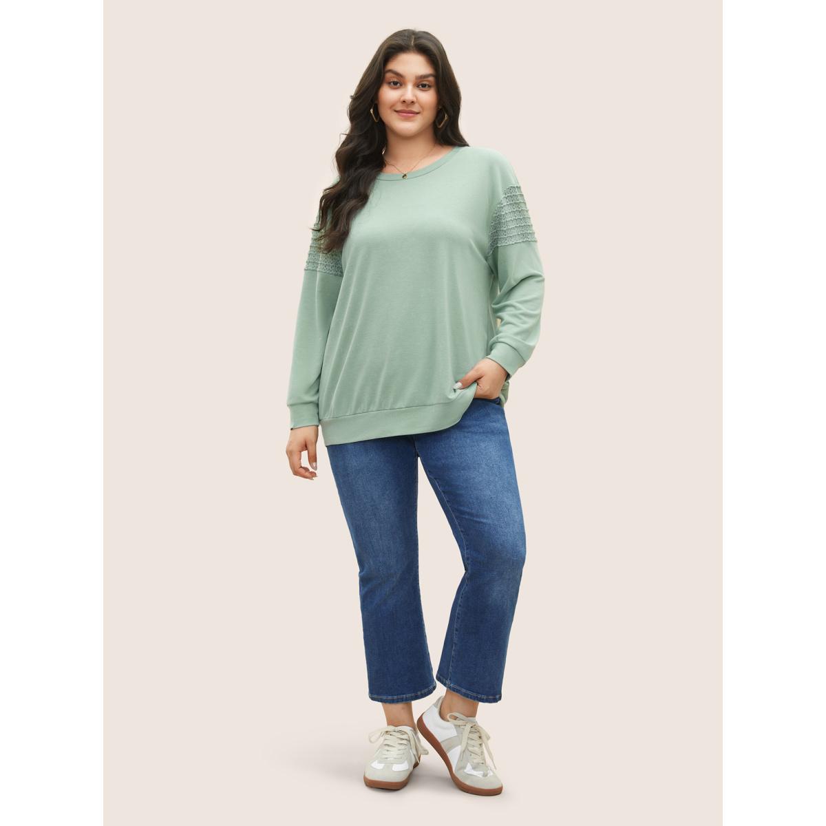 Plus Size Solid Lace Panel Drop Shoulder Sweatshirt Women Mint Casual Non Round Neck Everyday Sweatshirts BloomChic 18-20/2X Product Image