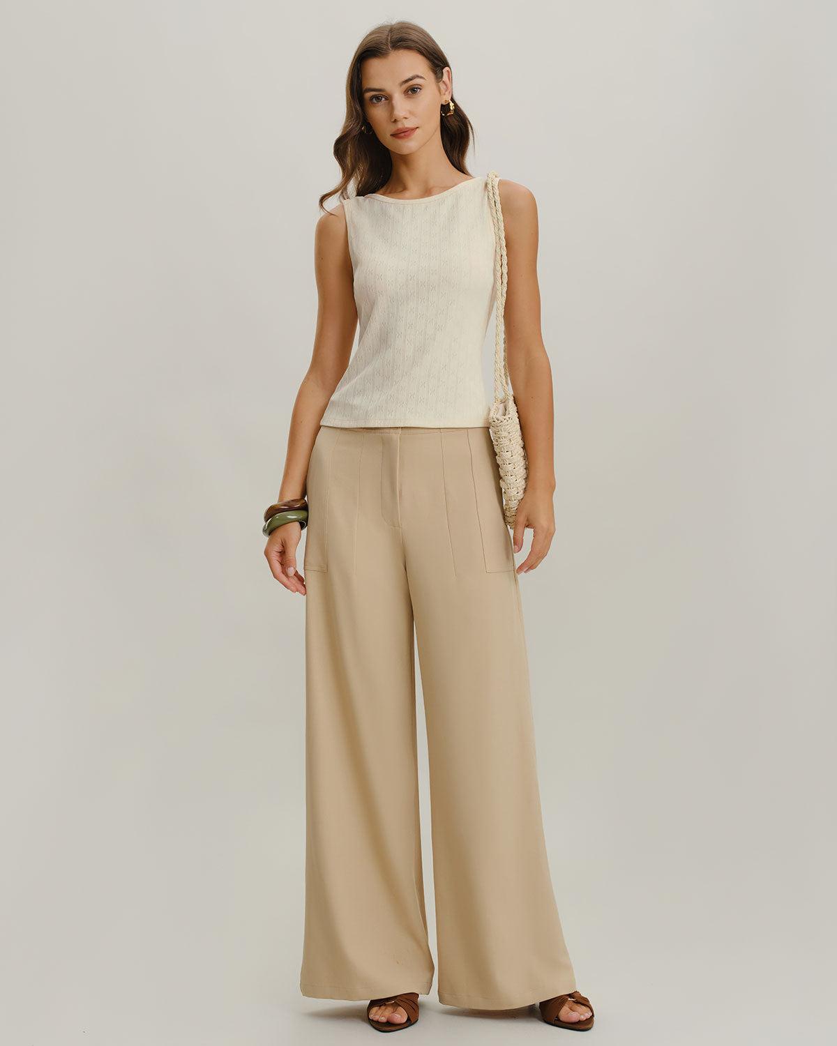 Beige Boat Neck Ribbed Knit Tank Top Product Image