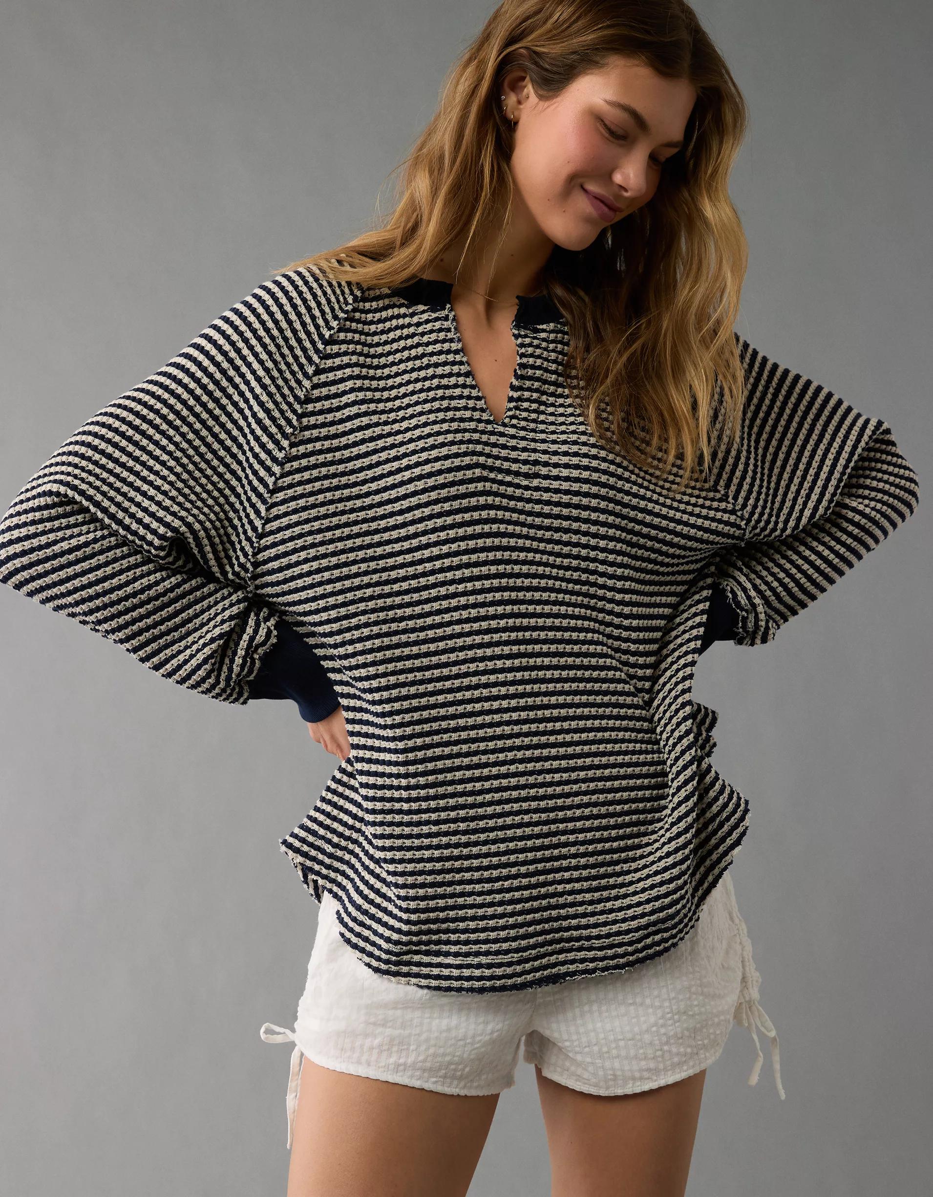 AE Big Hug Notch Neck Waffle Sweatshirt Product Image