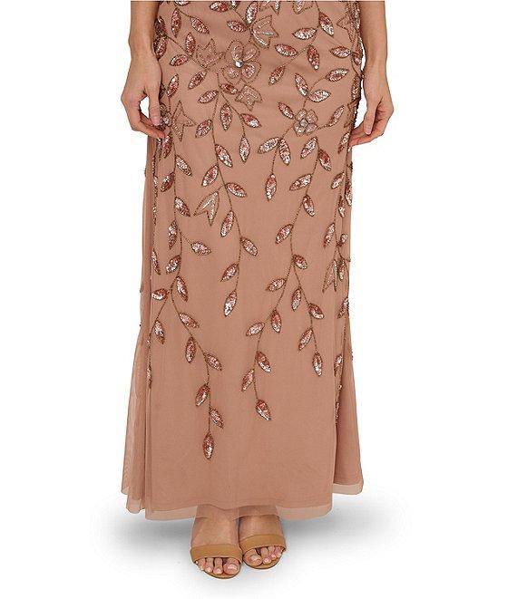 Adrianna Papell Beaded Mesh Crew Neck Short Sleeve Blouson Long Dress Product Image
