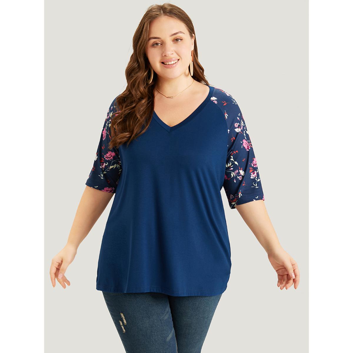 Plus Size Floral Patchwork Raglan Sleeve T-shirt Blue Women Elegant Patchwork Floral V-neck Work T-shirts BloomChic 12/L Product Image