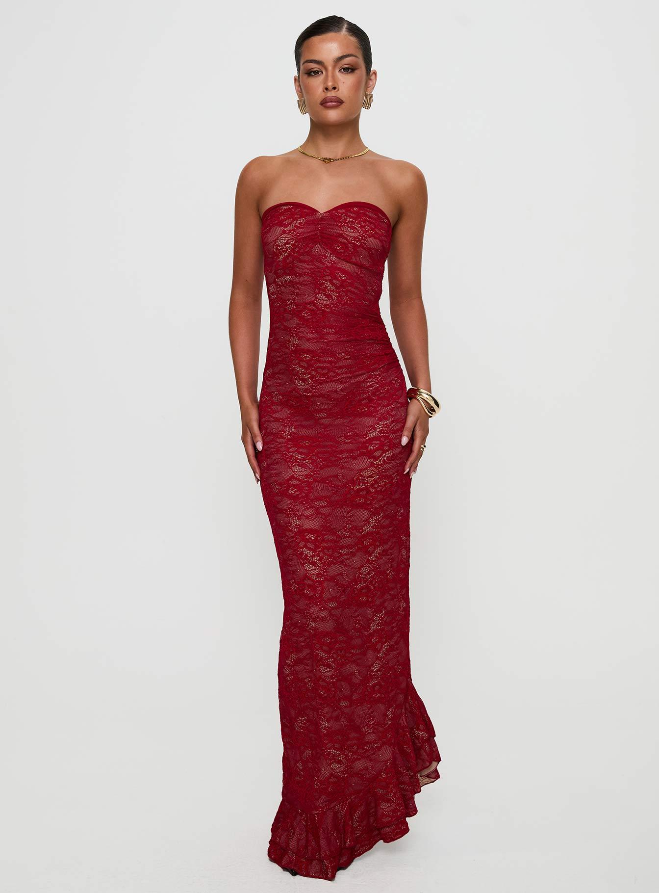 Hailees Lace Strapless Maxi Dress Red Product Image