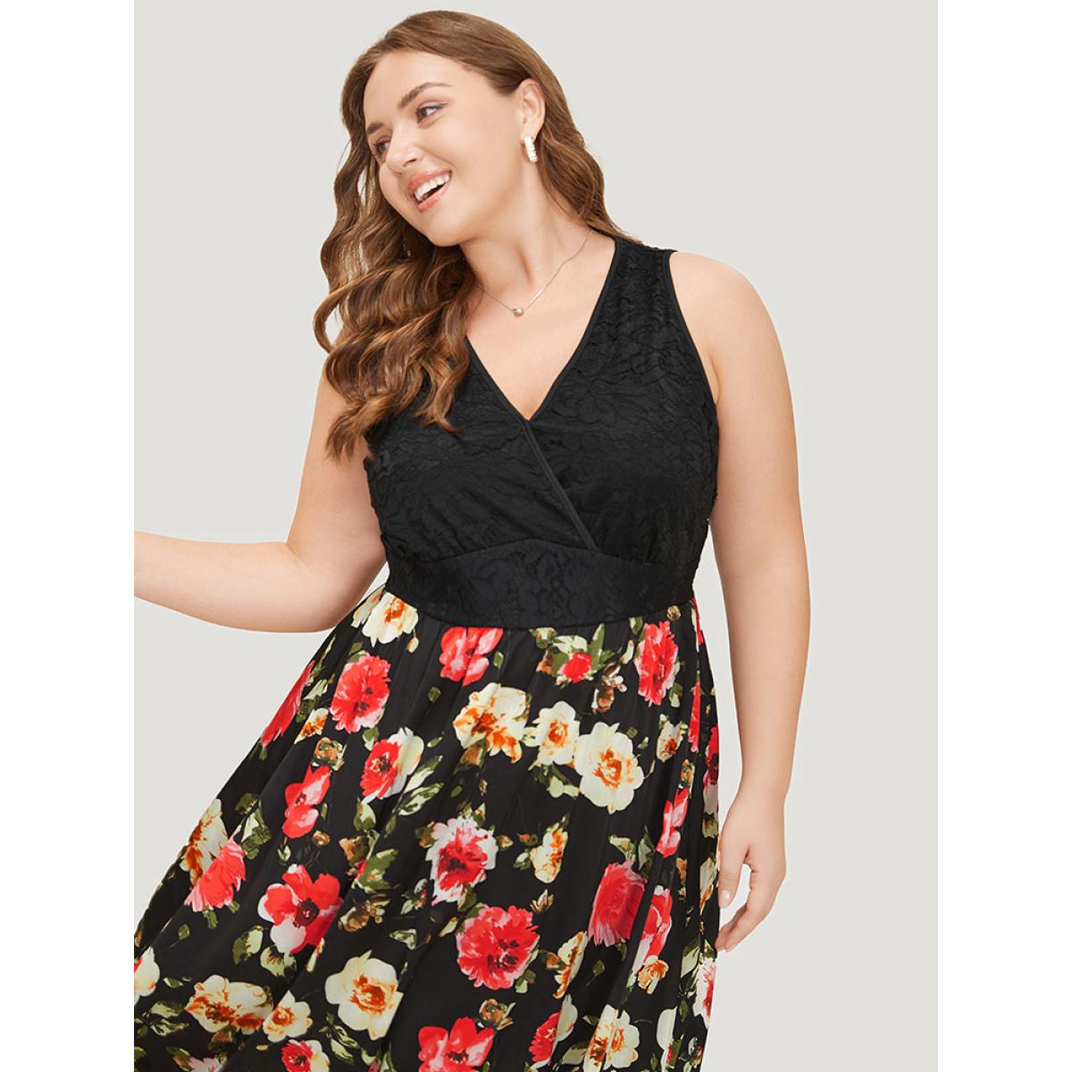 Plus Size Floral Patchwork Pocket Wrap Tank Dress Black Women Glamour Wrap V-neck Sleeveless Curvy Midi Dress BloomChic 22-24/3X Product Image