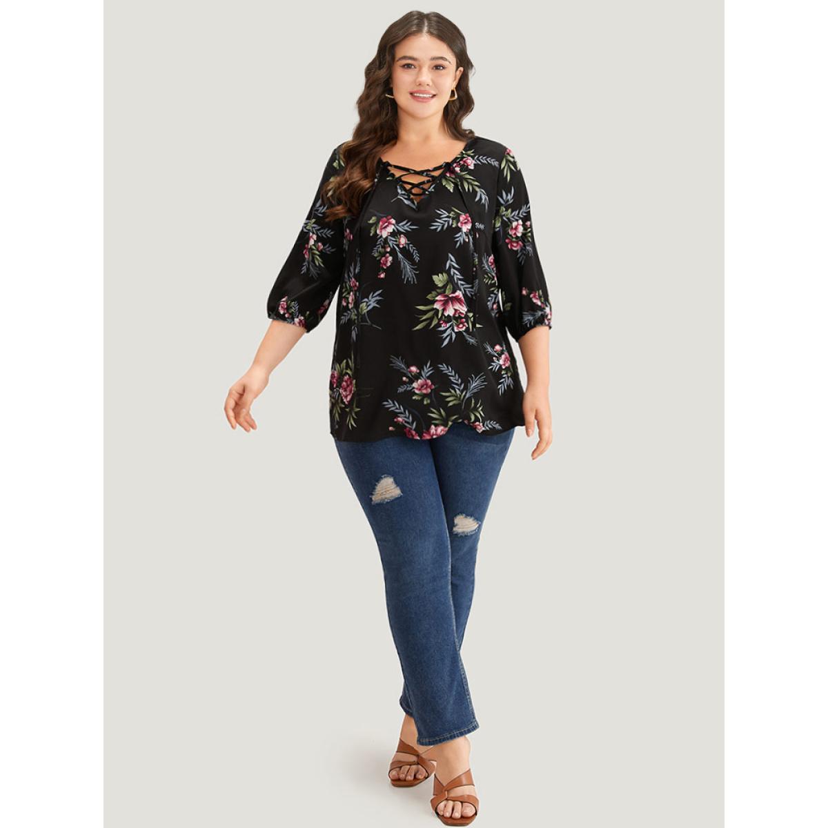 Plus Size Black Floral Print Lace Up Lantern Sleeve Blouse Women Elegant Half Sleeve V-neck Dailywear Blouses BloomChic 12/L Product Image