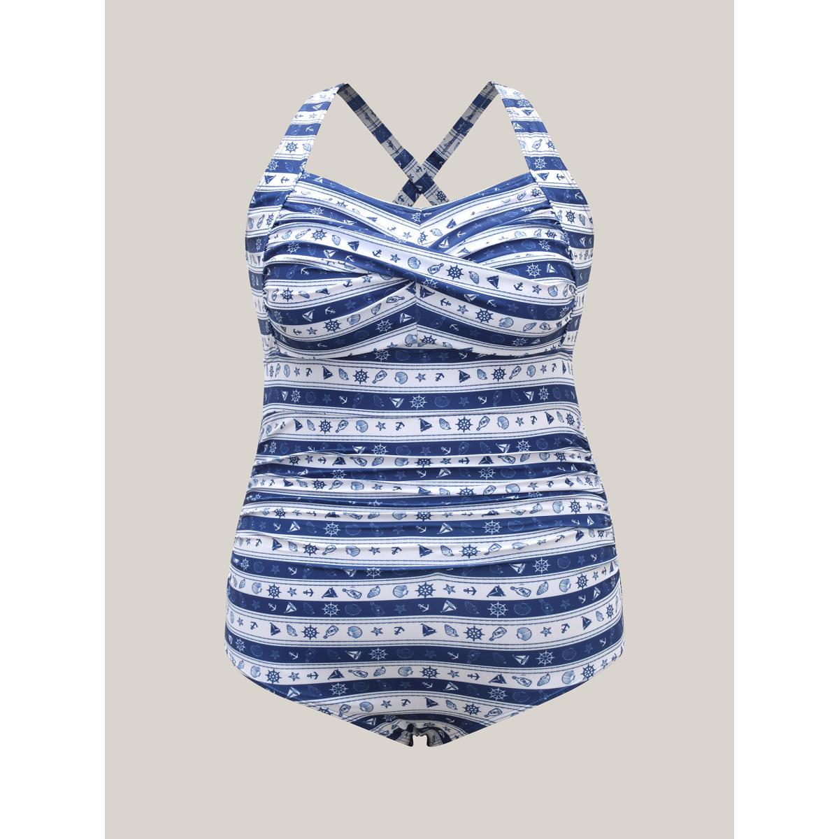 Plus Size Nautical Striped Twist Front One-Piece Swimsuit Women's Swimwear Indigo Beach Twist Curve Bathing Suits High stretch One Pieces BloomChic 30/6X Product Image