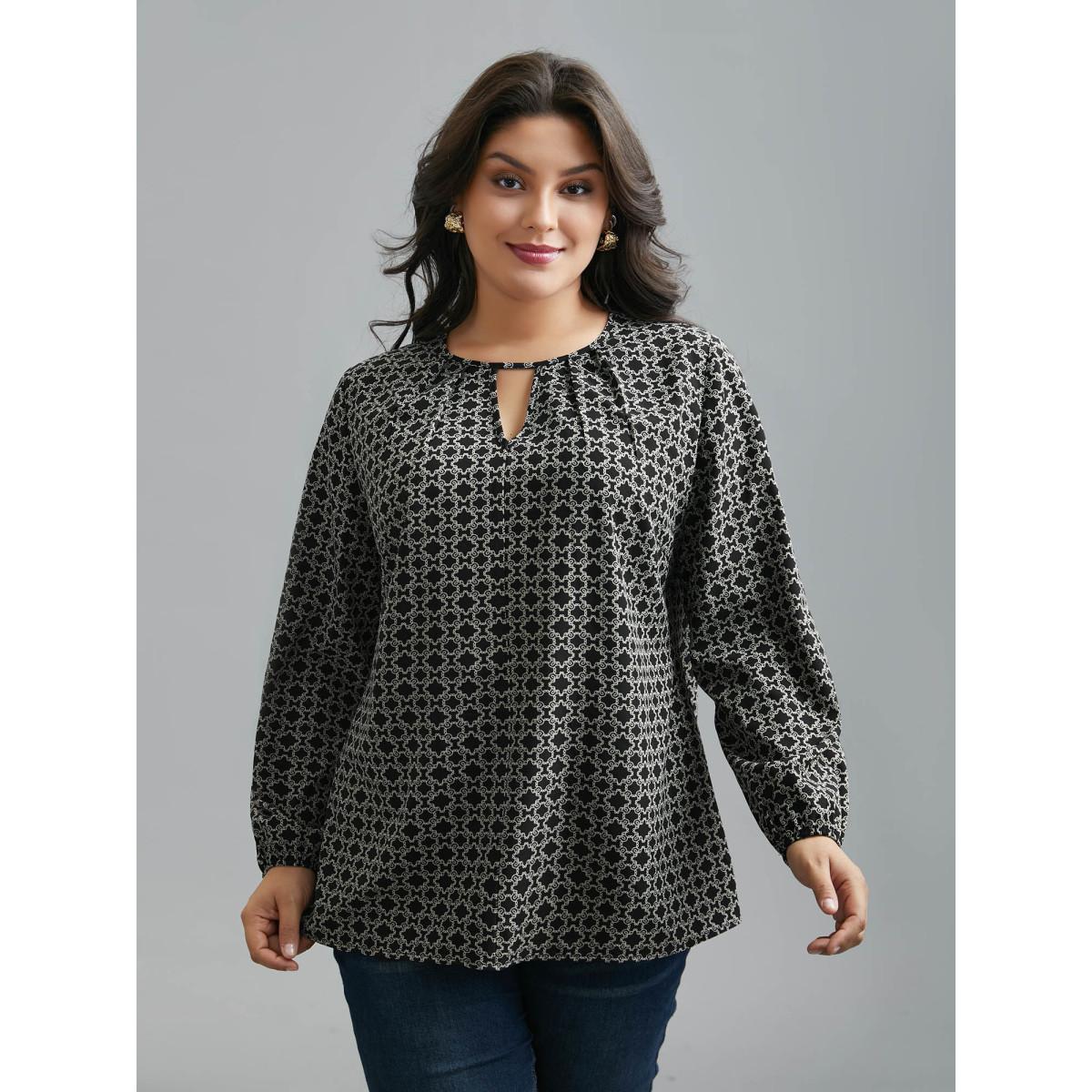 Plus Size Black Geometric Print Plicated Detail Keyhole Blouse Women Elegant Extra Long Sleeve Round Neck Everyday Blouses BloomChic 18-20/2X Product Image
