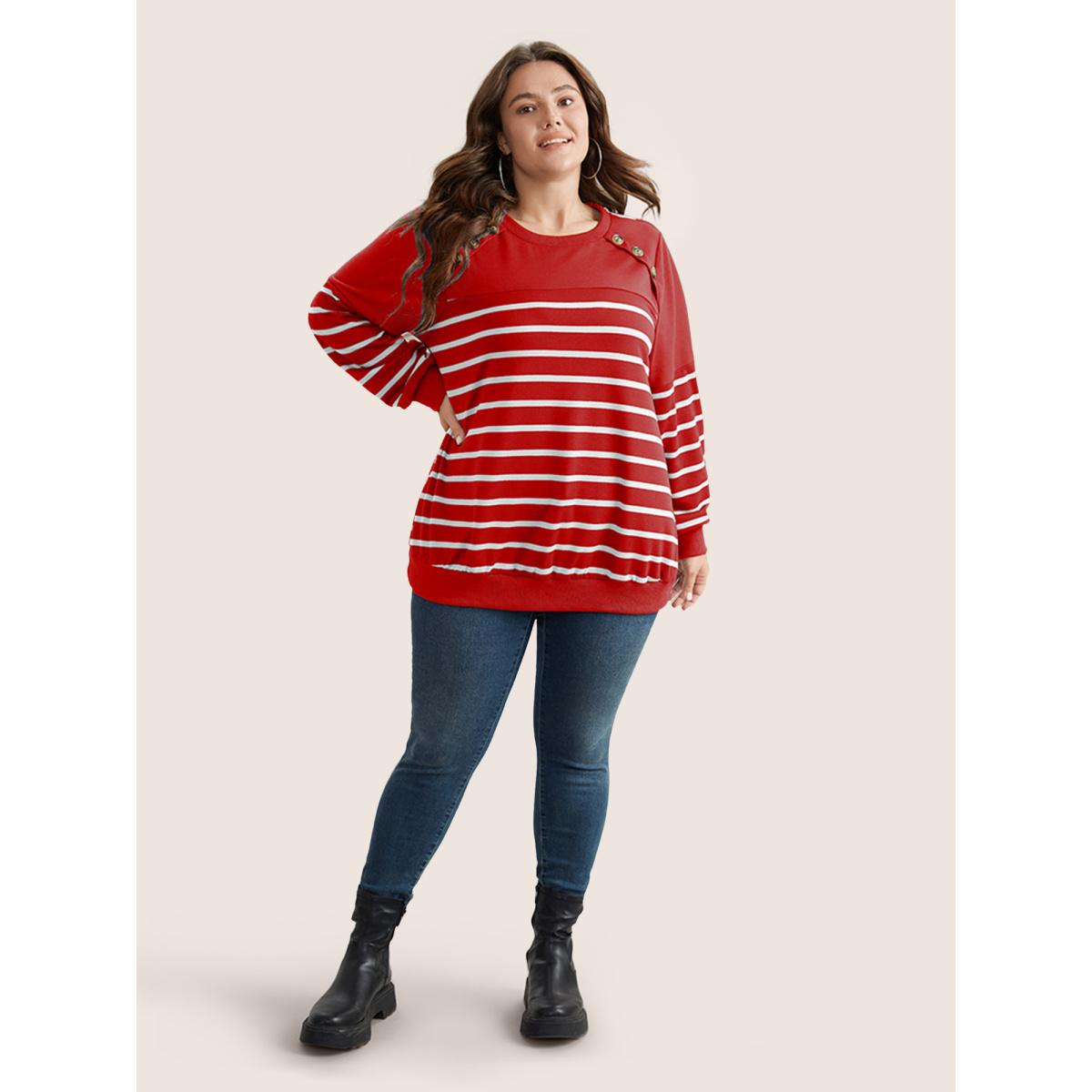 Plus Size Striped Patchwork Button Detail Sweatshirt Women Red Casual Non Round Neck Everyday Sweatshirts BloomChic 22-24/3X Product Image