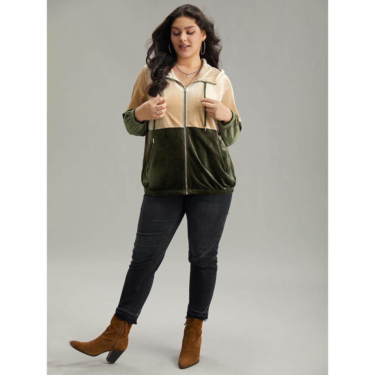 Plus Size Velvet Contrast Hooded Slant Pocket Jacket Women ArmyGreen Velvet Pocket Dailywear Jackets BloomChic 30/6X Product Image